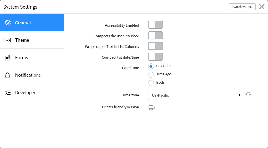  ServiceNow System Settings dialog 