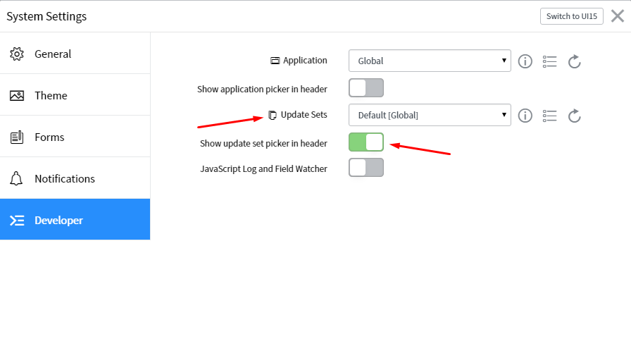  ServiceNow Update Set picker in Geneva system settings 
