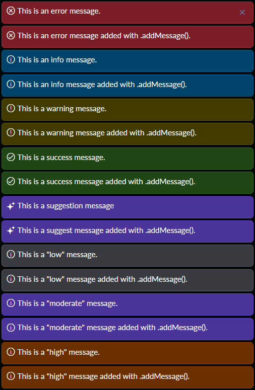 All eight server-side form message types rendered on a ServiceNow form
